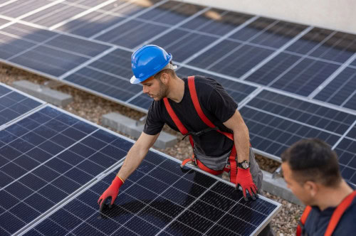 Mitarbeiter installieren eine Photovoltaik Anlage